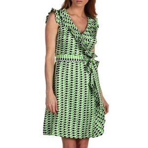 Kate Spade Aubrey Wrap Silk Geo Print Ruffle Green Black Dress Size 0 N2